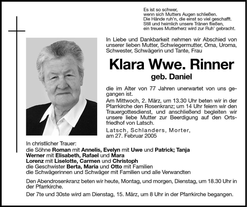  Traueranzeige für Klara Rinner vom 28.02.2005 aus Dolomiten