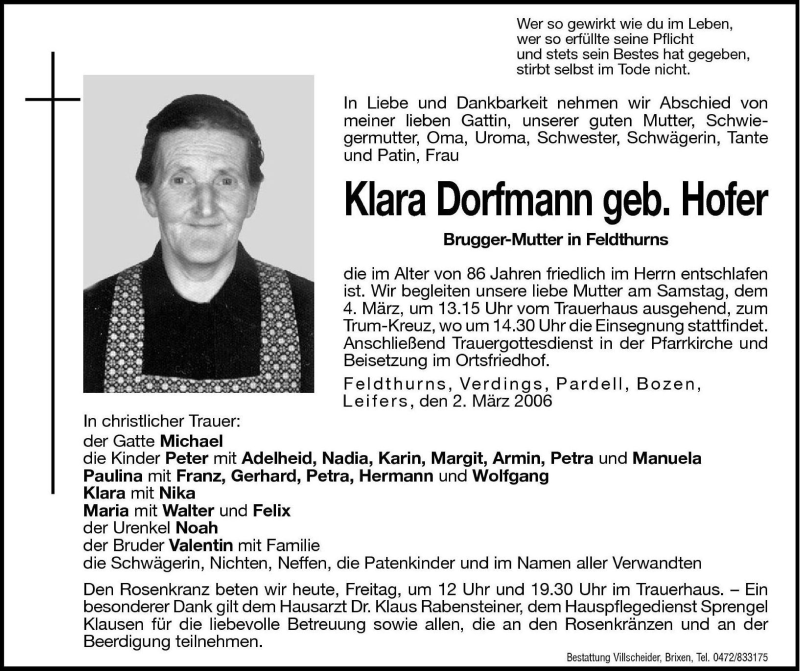  Traueranzeige für Klara Dorfmann vom 03.03.2006 aus Dolomiten