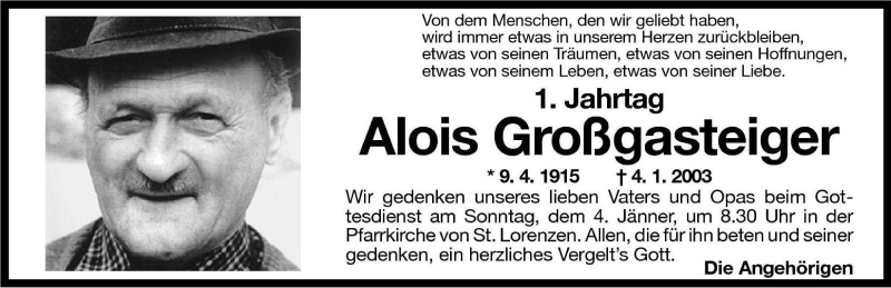  Traueranzeige für Alois Großgasteiger vom 02.01.2004 aus Dolomiten