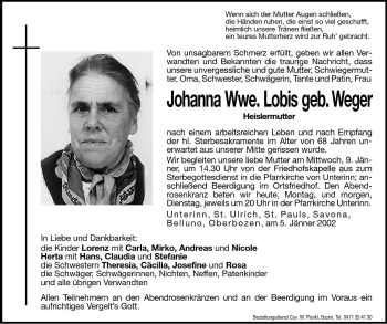 Traueranzeige von Johanna Lobis von Dolomiten