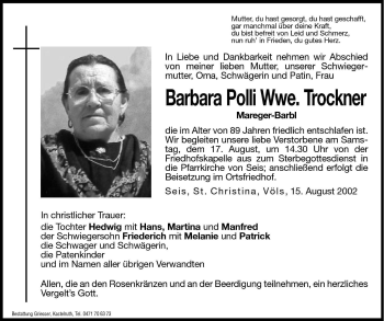 Traueranzeige von Barbara Trockner von Dolomiten