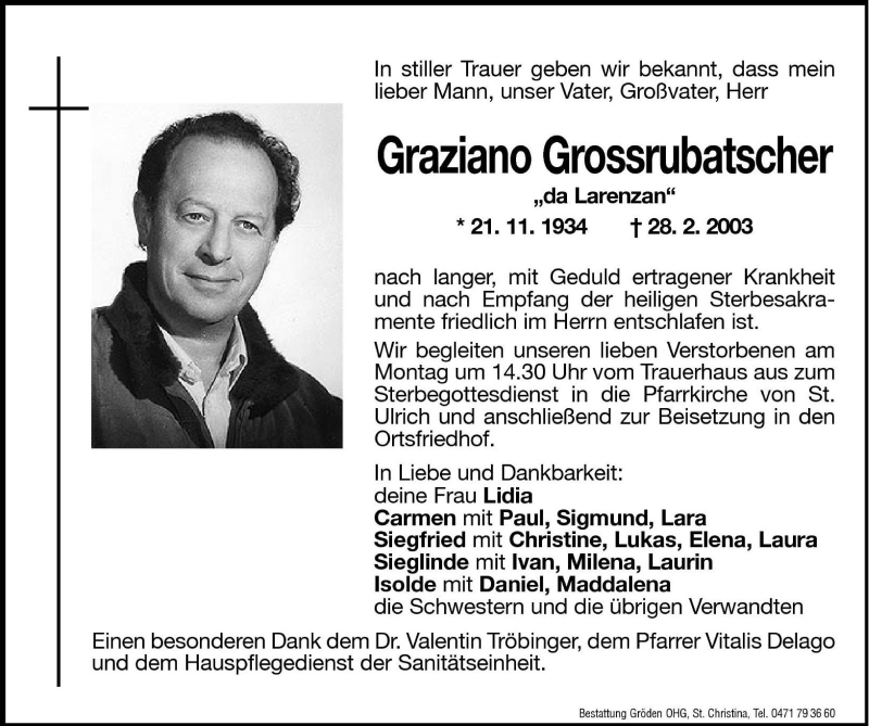  Traueranzeige für Graziano Grossrubatscher vom 01.03.2003 aus Dolomiten