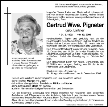 Traueranzeige von Gertrud Pigneter von Dolomiten