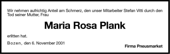 Traueranzeige von Maria Rosa Plank von Dolomiten