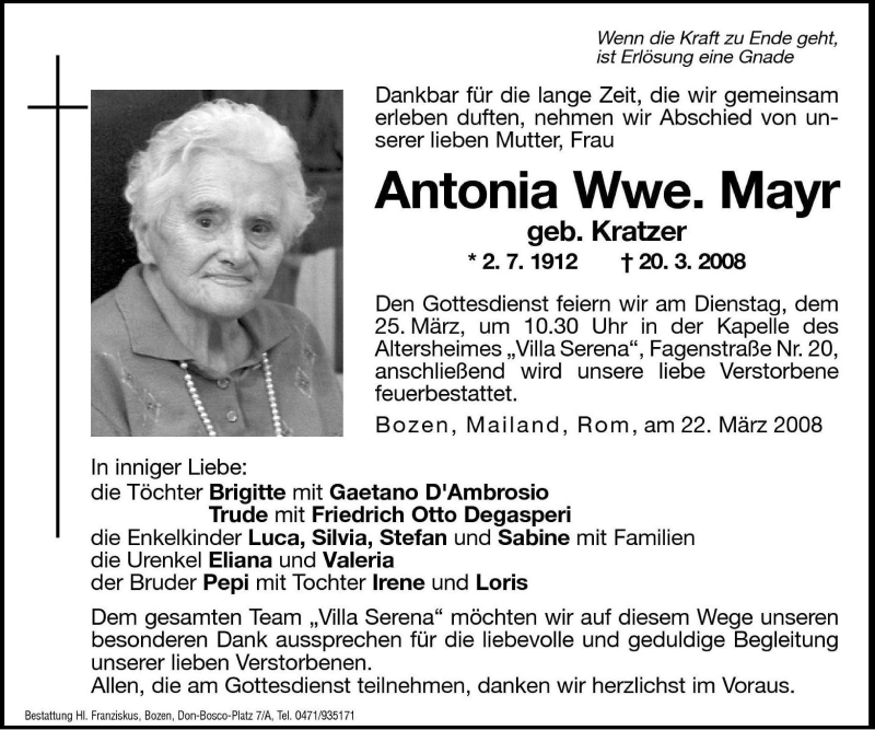  Traueranzeige für Antonia Mayr vom 22.03.2008 aus Dolomiten