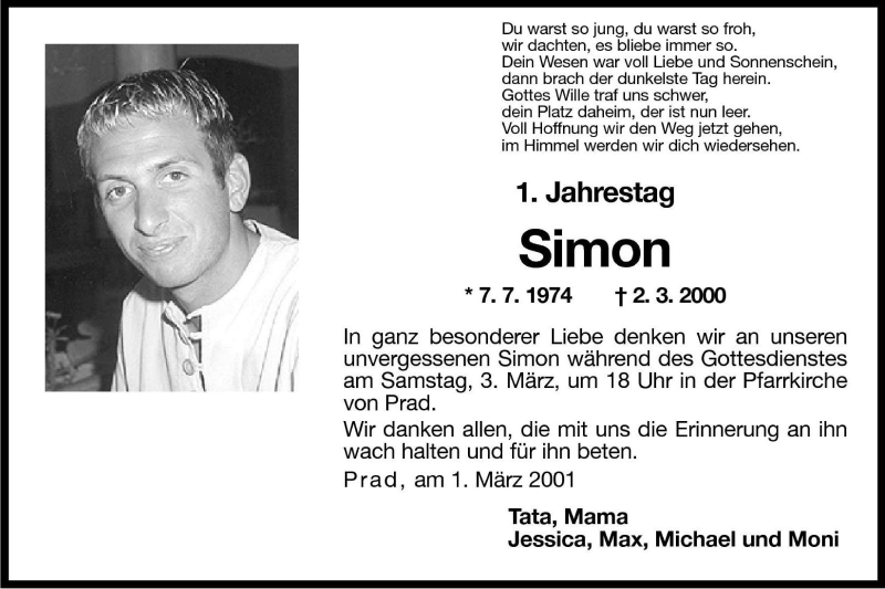 Traueranzeige für Simon Hofer vom 01.03.2001 aus Dolomiten