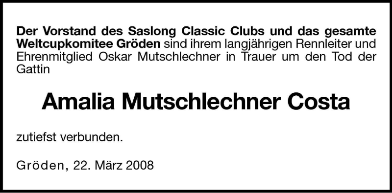  Traueranzeige für Amalia Mutschlechner Costa vom 25.03.2008 aus Dolomiten
