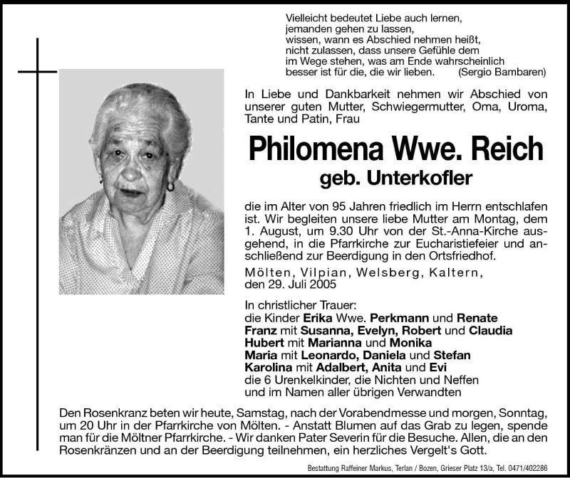  Traueranzeige für Philomena Reich vom 30.07.2005 aus Dolomiten