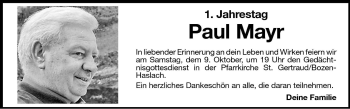 Traueranzeige von Paul Mayr von Dolomiten