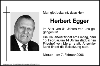 Traueranzeige von Herbert Egger von Dolomiten