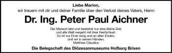 Traueranzeige von Peter Paul Aichner von Dolomiten