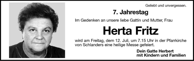  Traueranzeige für Herta Fritz vom 11.07.2002 aus Dolomiten