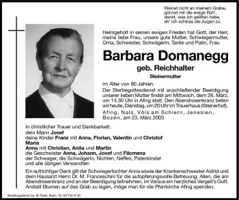 Traueranzeige von Barbara Domanegg von Dolomiten