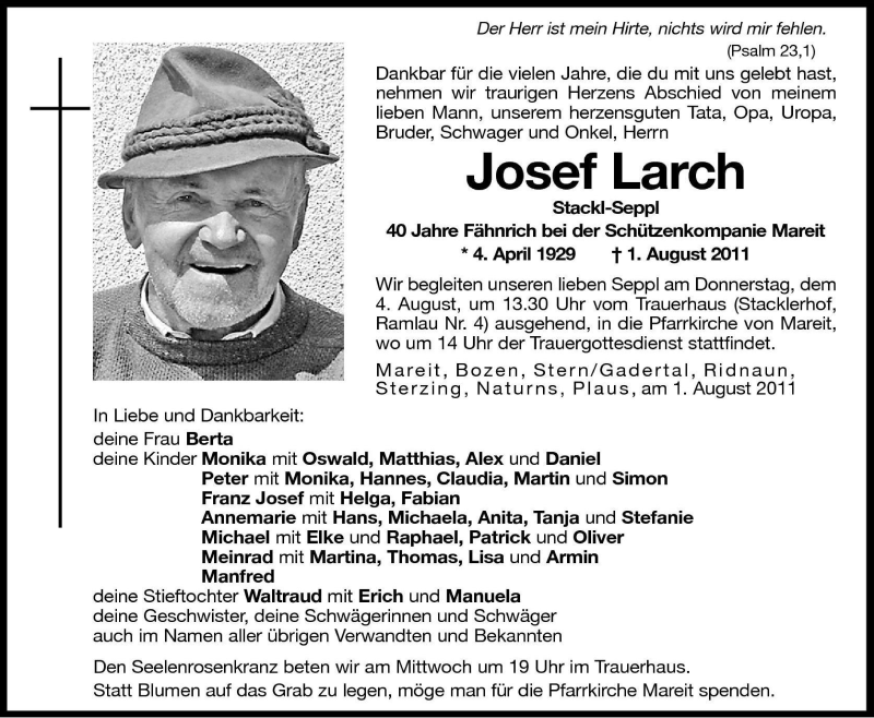  Traueranzeige für Josef Larch vom 03.08.2011 aus Dolomiten