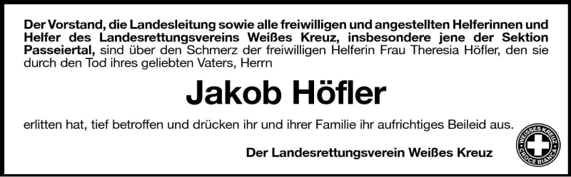  Traueranzeige für Jakob Höfler vom 04.01.2011 aus Dolomiten