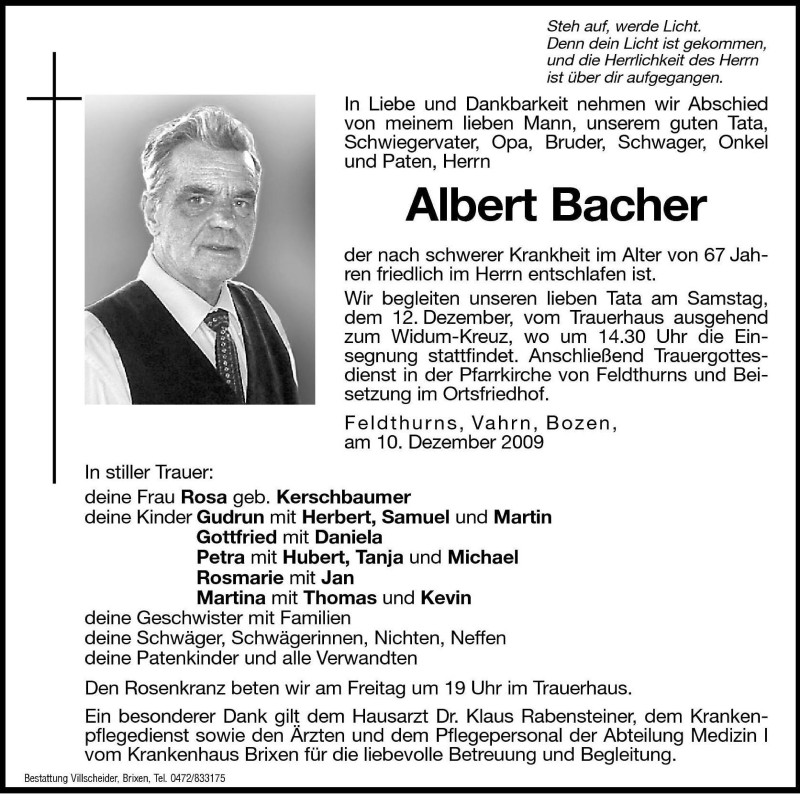  Traueranzeige für Albert Bacher vom 11.12.2009 aus Dolomiten