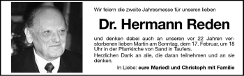 Traueranzeige von Hermann Reden von Dolomiten