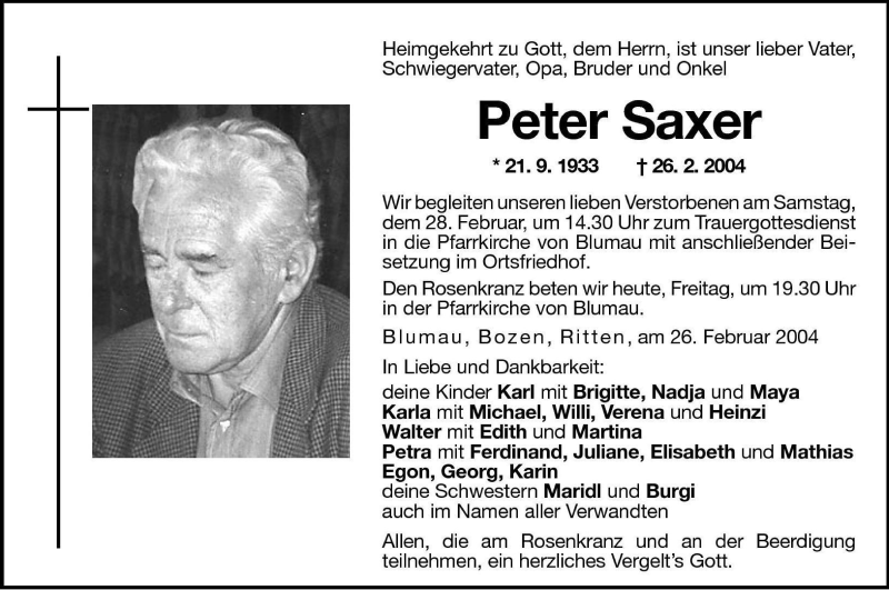  Traueranzeige für Peter Saxer vom 27.02.2004 aus Dolomiten