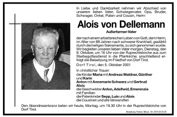 Traueranzeige von Alois von Dellemann von Dolomiten