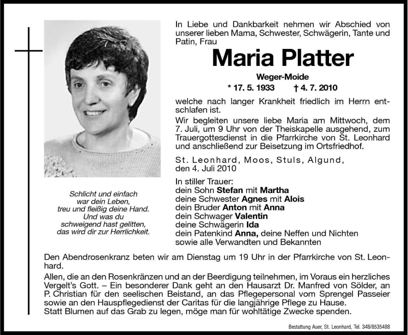  Traueranzeige für Maria Platter vom 06.07.2010 aus Dolomiten