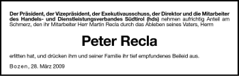 Traueranzeige von Peter Recla von Dolomiten