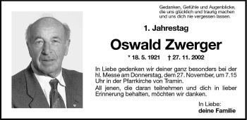 Traueranzeige von Oswald Zwerger von Dolomiten