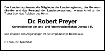 Traueranzeige von Robert Preyer von Dolomiten