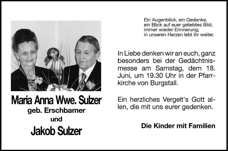  Traueranzeige für Jakob Sulzer vom 16.06.2005 aus Dolomiten