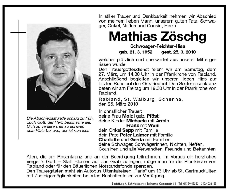  Traueranzeige für Mathias Zöschg vom 26.03.2010 aus Dolomiten