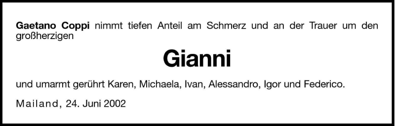 Traueranzeige für Gianni  vom 25.06.2002 aus Dolomiten