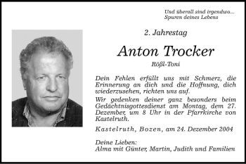 Traueranzeige von Anton Trocker von Dolomiten