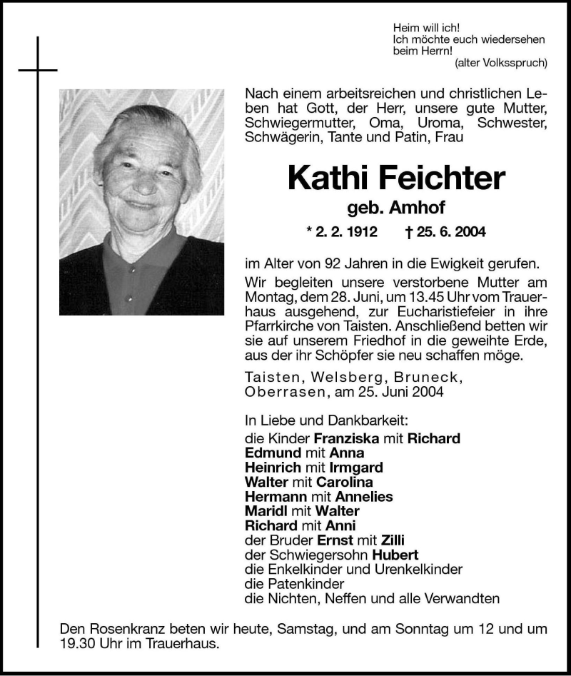  Traueranzeige für Kathi Feichter vom 26.06.2004 aus Dolomiten