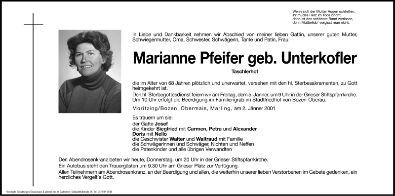  Traueranzeige für Marianne Pfeifer vom 04.01.2001 aus Dolomiten