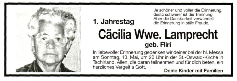  Traueranzeige für Cäcilia Lamprecht vom 10.05.2001 aus Dolomiten