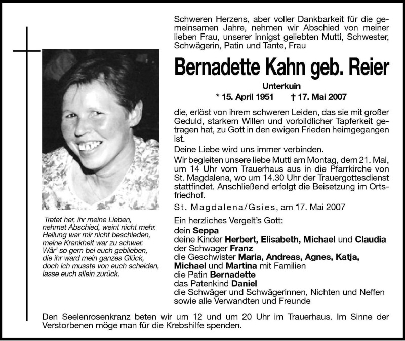  Traueranzeige für Bernadette Kahn vom 19.05.2007 aus Dolomiten
