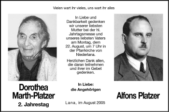 Traueranzeige von Dorothea Platzer von Dolomiten