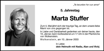 Traueranzeige von Marta Stuffer von Dolomiten