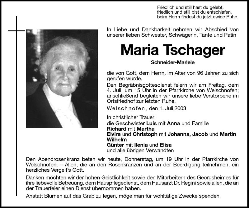 Traueranzeigen von Maria Tschager | Trauer.bz