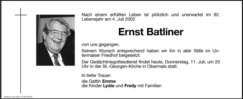  Traueranzeige für Ernst Batliner vom 11.07.2002 aus Dolomiten
