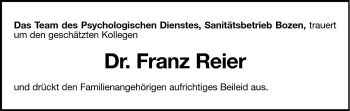 Traueranzeige von Franz Reier von Dolomiten