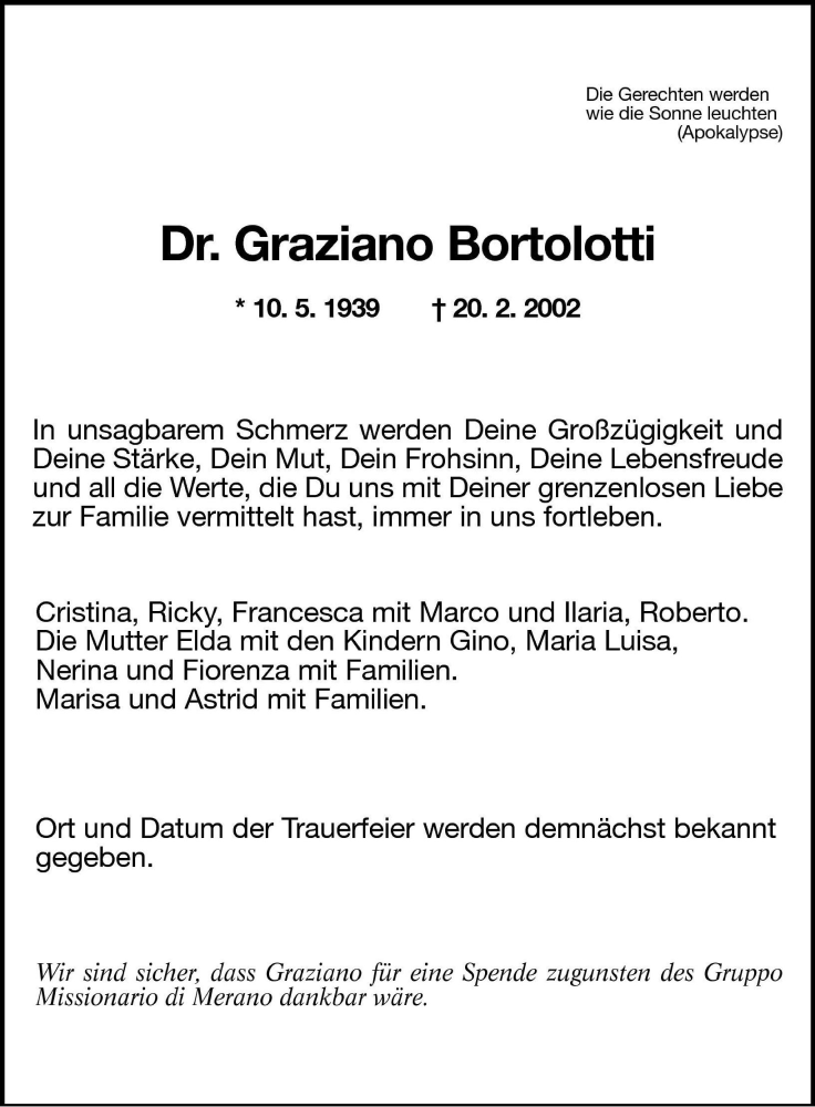  Traueranzeige für Graziano Bortolotti vom 22.02.2002 aus Dolomiten