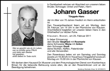 Traueranzeige von Johann Gasser von Dolomiten