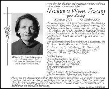 Traueranzeige von Marianna Zöschg von Dolomiten