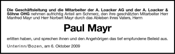 Traueranzeige von Paul Mayr von Dolomiten