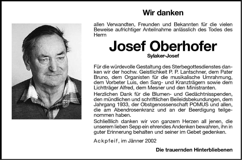  Traueranzeige für Josef Oberhofer vom 29.01.2002 aus Dolomiten