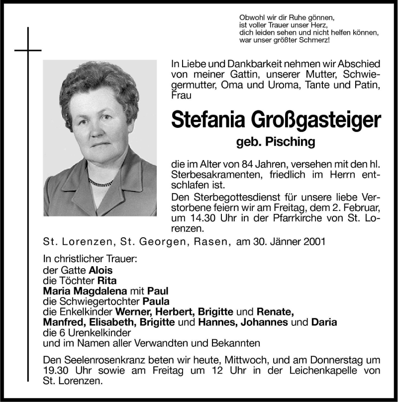  Traueranzeige für Stefania Großgasteiger vom 31.01.2001 aus Dolomiten