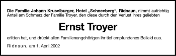 Traueranzeige von Ernst Troyer von Dolomiten