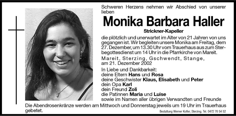  Traueranzeige für Monika Barbara Haller vom 24.12.2002 aus Dolomiten