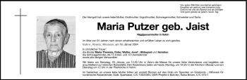 Traueranzeige von Maria Putzer von Dolomiten