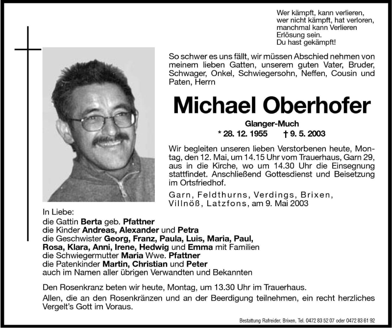  Traueranzeige für Michael Oberhofer vom 12.05.2003 aus Dolomiten